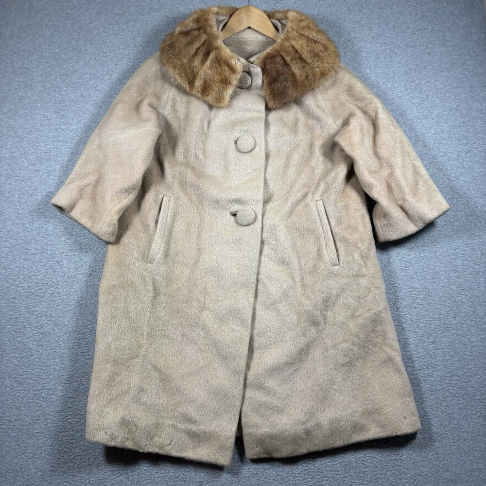 Vtg 60s Forstmann Wool Mink Fur Collar Coat Womens Swing Jacket Oversized Button